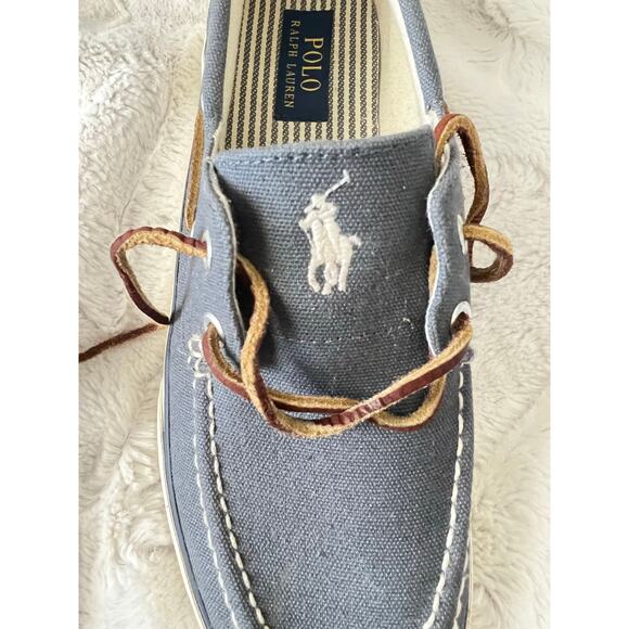 Ralph Lauren Polo Canvas SANDER Blue Slip On Boat Shoes Mens 9.5 Leather Laces - Picture 5 of 10